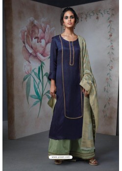 Navy And Green Pure Silk Linen Satin Palazzo Suit