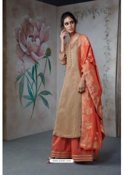 Beige And Orange Pure Silk Linen Satin Palazzo Suit