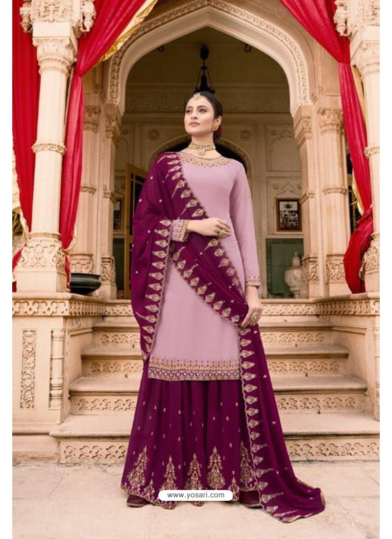 Mauve And Violet Soft Georgette Embroidered Palazzo Suit