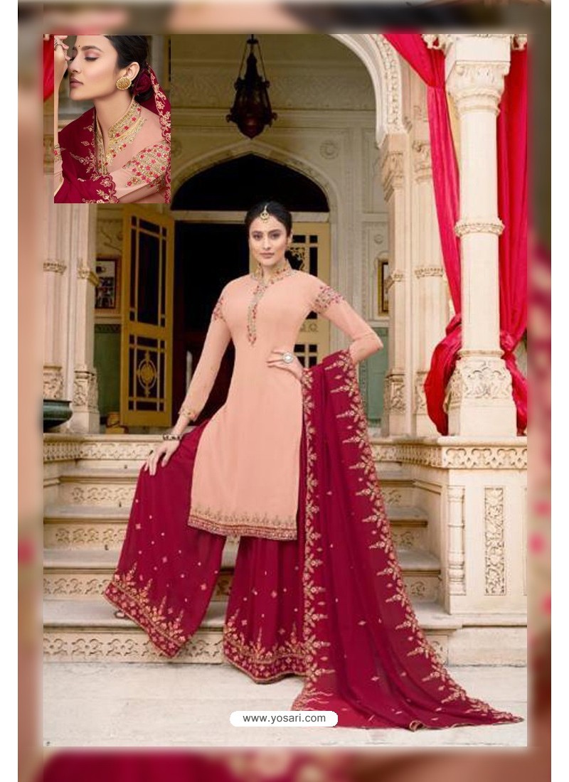 Baby Pink And Maroon Soft Georgette Embroidered Palazzo Suit