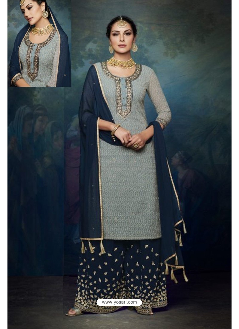 Grey And Navy Georgette Designer Palazzo Suit