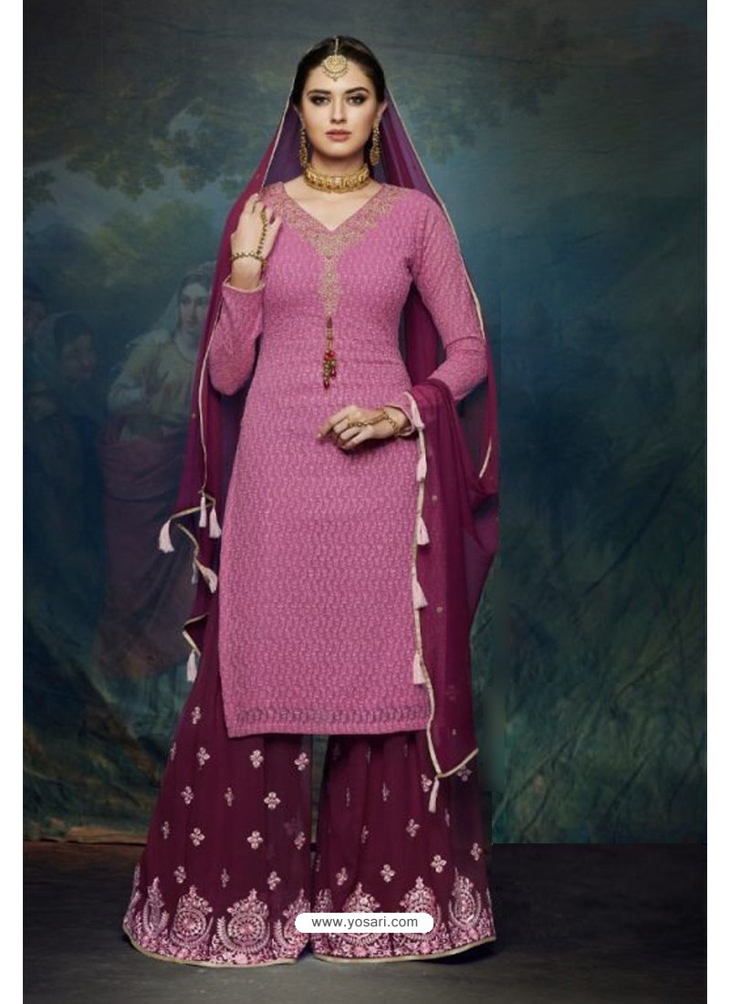 Hot Pink And Wine Georgette Designer Palazzo Suit