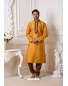 Yellow And Brown Mysore Silk Kurta Pajama