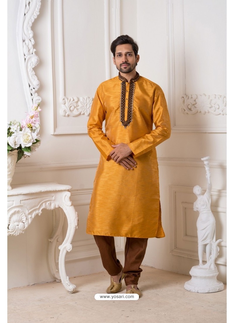 Yellow And Brown Mysore Silk Kurta Pajama
