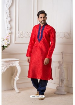 Red And Blue Mysore Silk Kurta Pajama