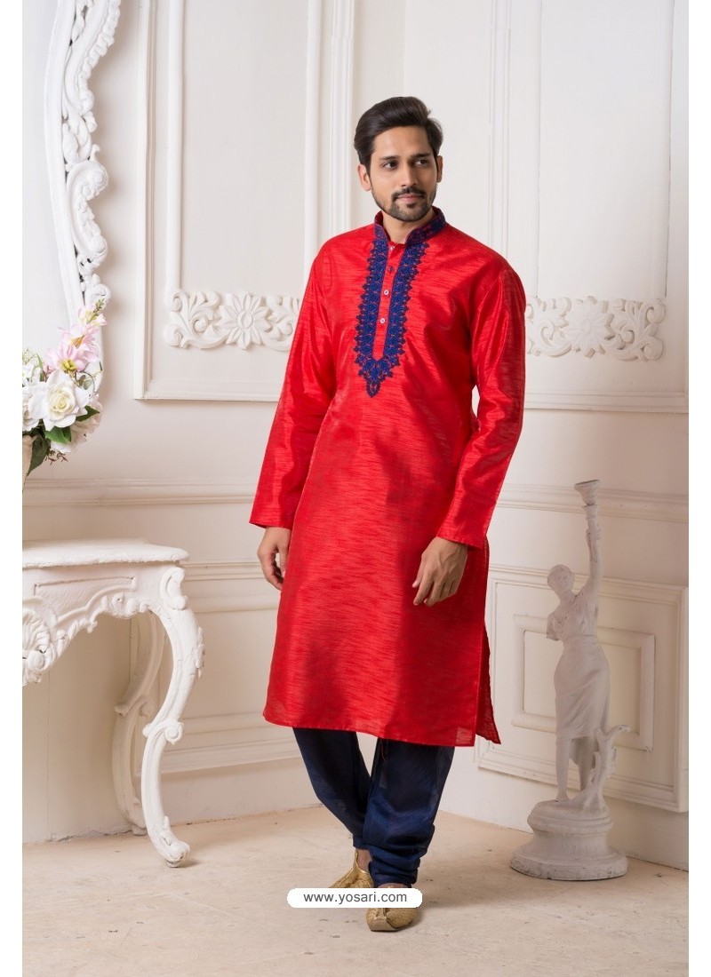 Red And Blue Mysore Silk Kurta Pajama