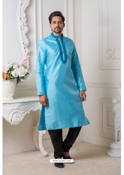 Sky Blue And Black Mysore Silk Kurta Pajama