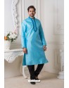 Sky Blue And Black Mysore Silk Kurta Pajama