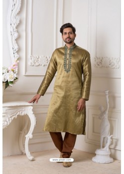 Gold And Brown Mulbary Plain Silk Kurta Pajama