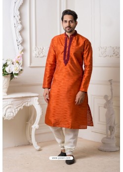 Orange And White Mysore Silk Kurta Pajama