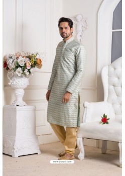 Light Grey And Beige Mysore Embroidery Silk Kurta Pajama