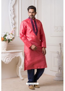 Light Pink And Blue Mysore Silk Kurta Pajama