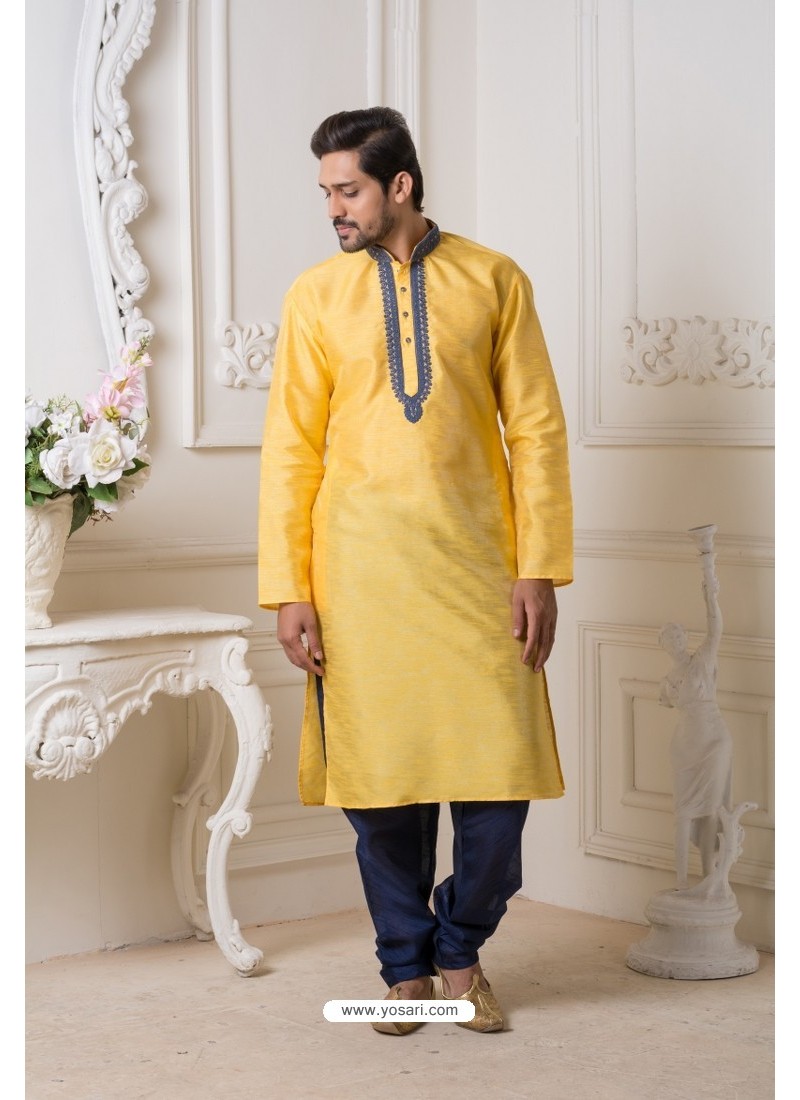 Yellow And Blue Mysore Silk Kurta Pajama