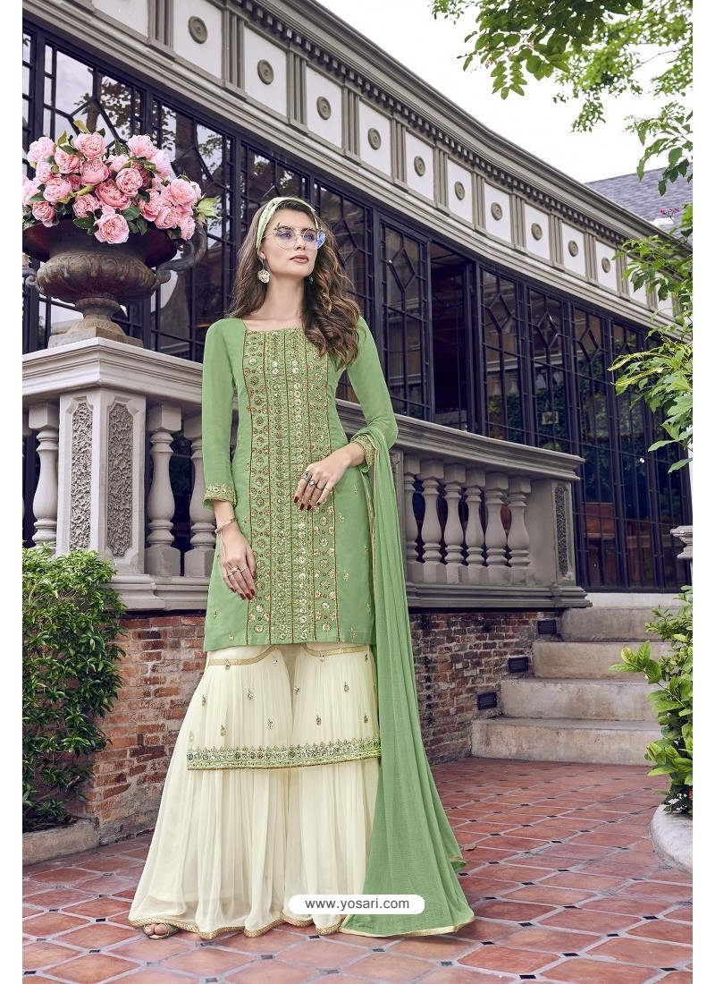 Green And Off White Satin Silk Designer Suit