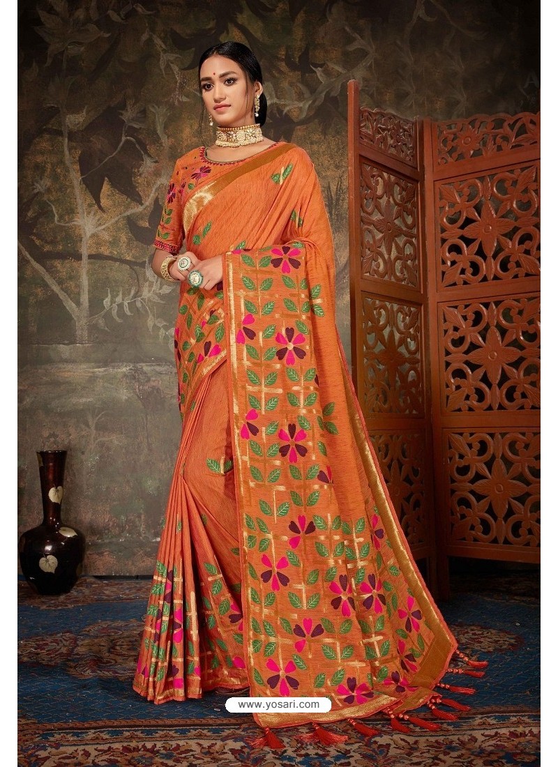 Orange Banarasi Silk Designer Saree