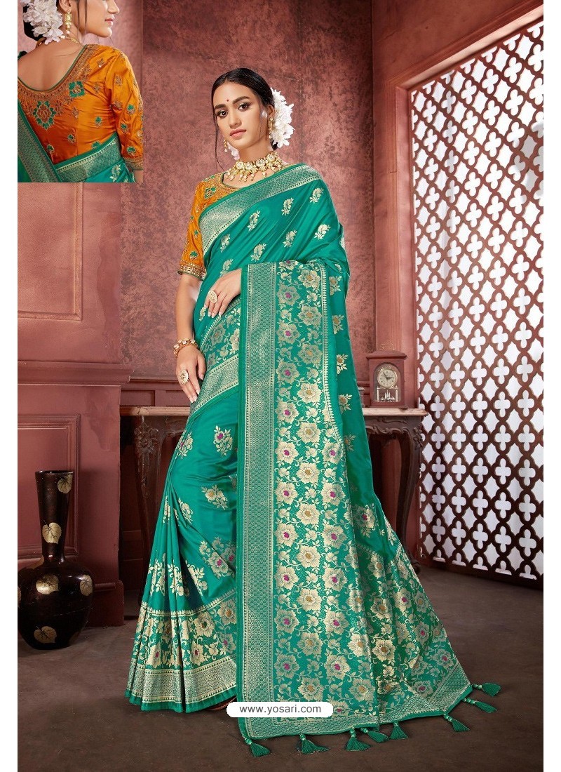 Teal Banarasi Silk Jacquard Work Designer Saree