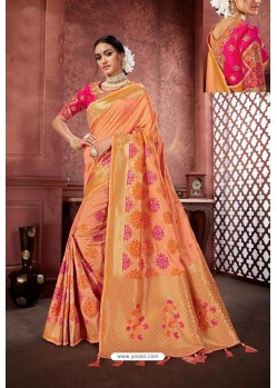 Peach Banarasi Silk Jacquard Work Designer Saree