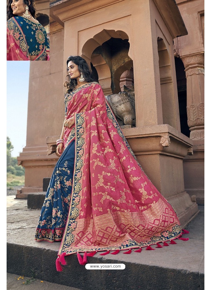 Rani And Pink Silk Heavy Embroidered Wedding Saree