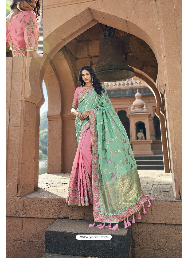 Sky And Pink Silk Heavy Embroidered Wedding Saree