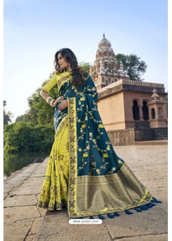Teal Blue And Lemon Silk Heavy Embroidered Wedding Saree