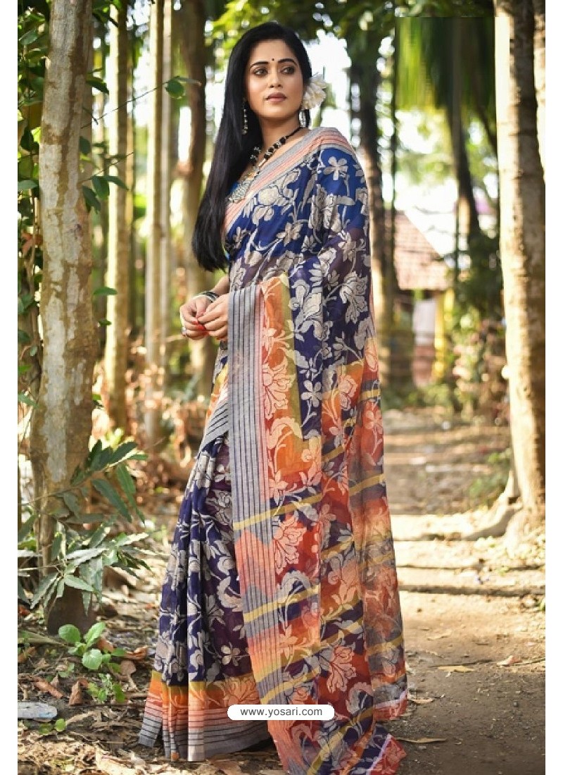 Navy And Multi Fancy Cotton Printed Saree