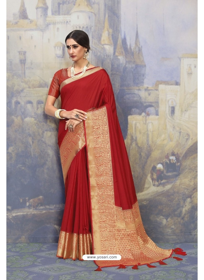 Red Silk Designer Jacquard Worked Saree