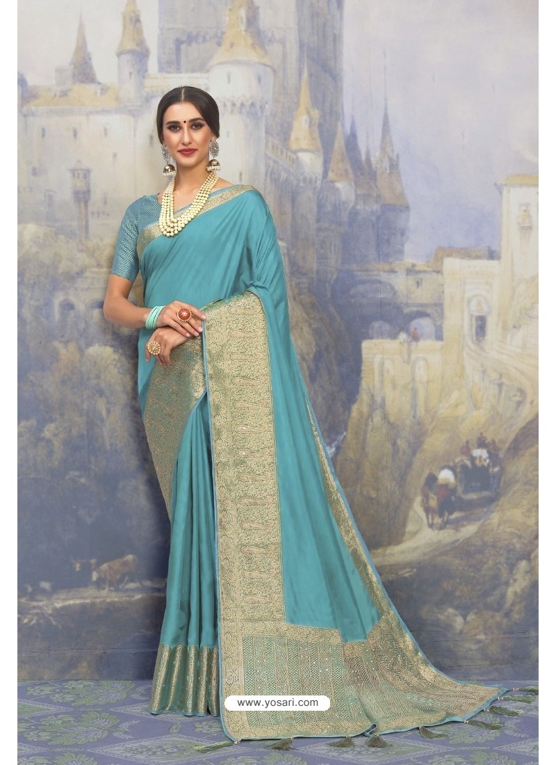 Turquoise Silk Designer Jacquard Worked Saree