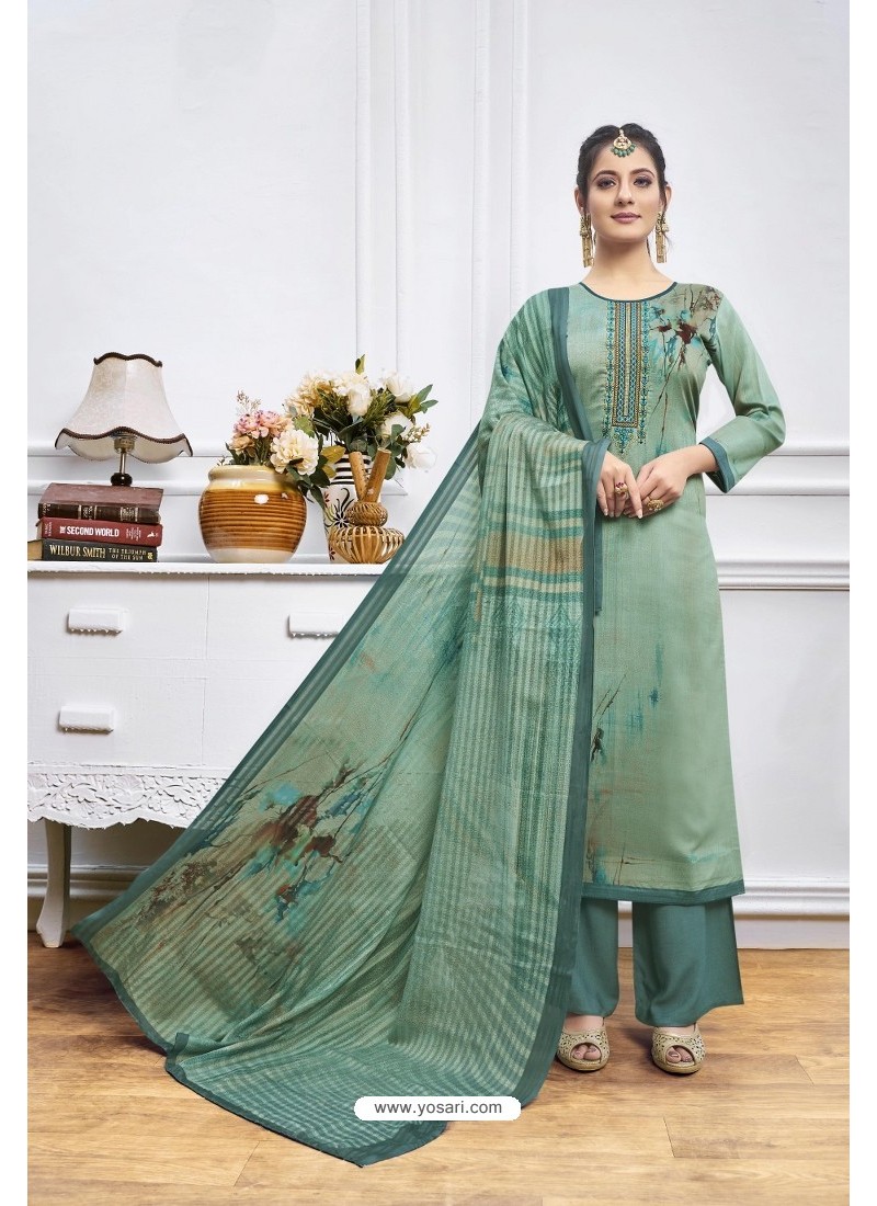 Grayish Green Digital Printed Jam Silk Palazzo Suit