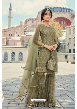 Olive Green Thread And Zari Worked Sharara Suit