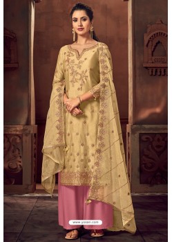 Yellow And Pink Russion Silk Designer Palazzo Suit