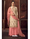 Light Beige And Pink Tussar Silk Designer Palazzo Suit
