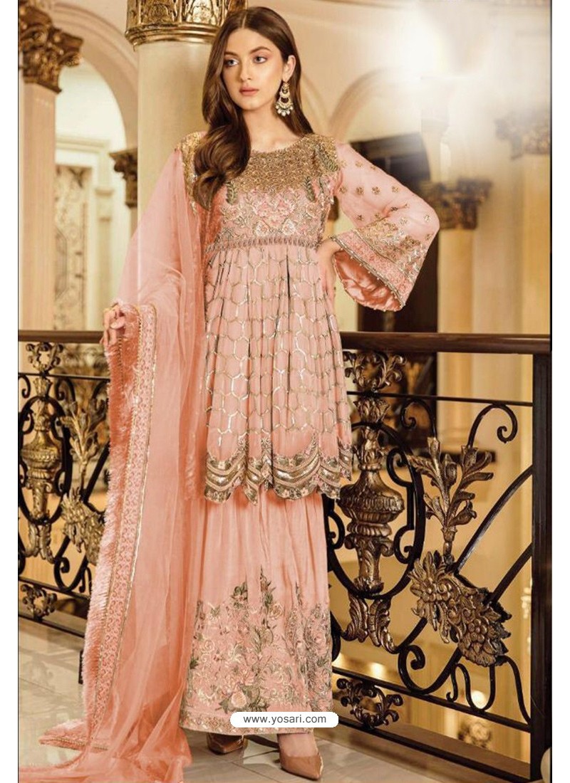 Peach Faux Georgette Embroidered Straight Suit
