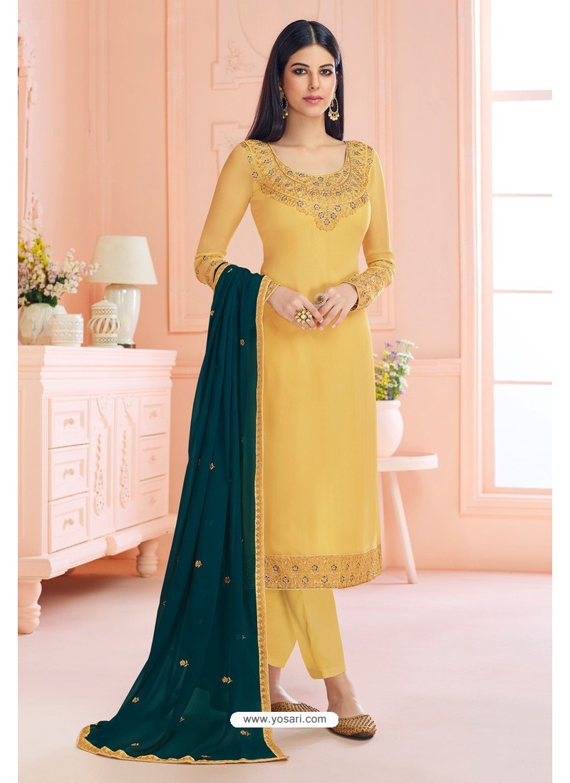 Yellow Real Santoon Embroidered Straight Suit