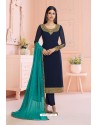 Navy Blue Real Santoon Embroidered Straight Suit