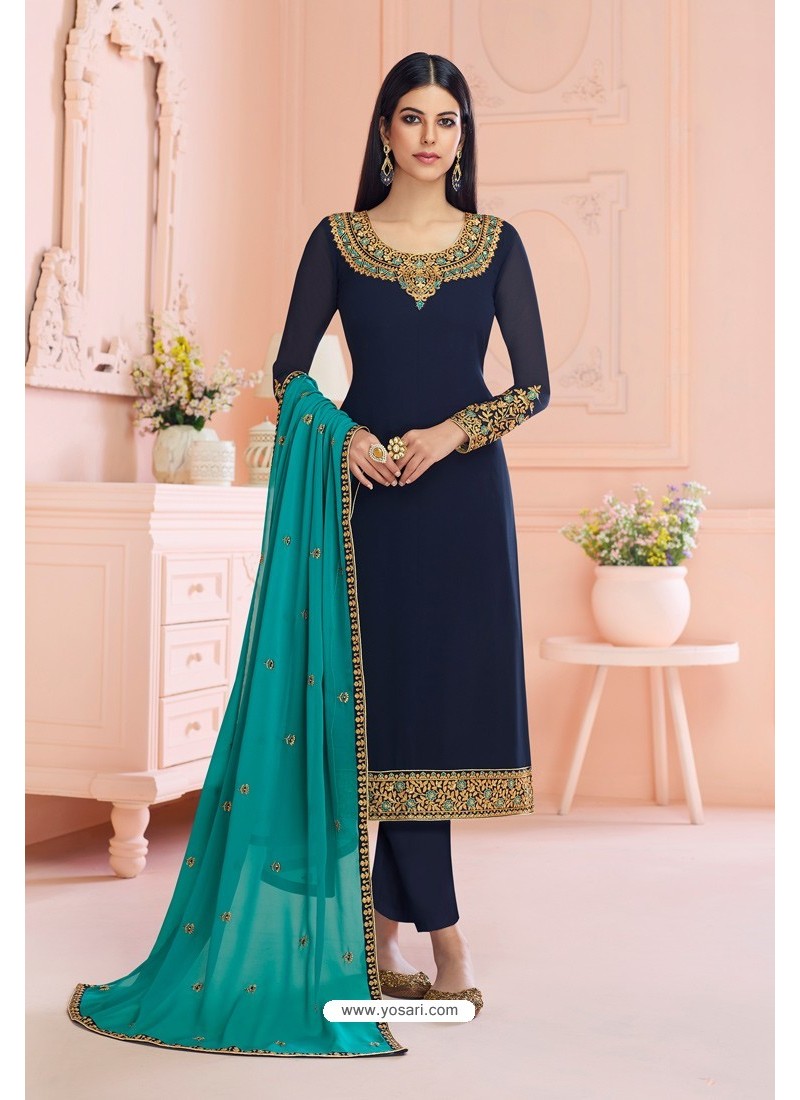 Navy Blue Real Santoon Embroidered Straight Suit