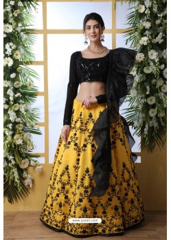 Yellow And Black Art Silk Designer Lehenga Choli