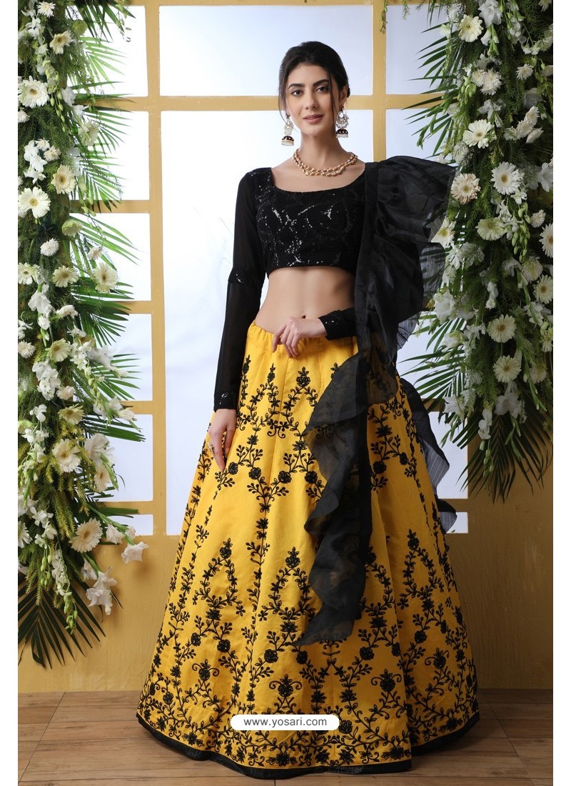 Yellow And Black Art Silk Designer Lehenga Choli