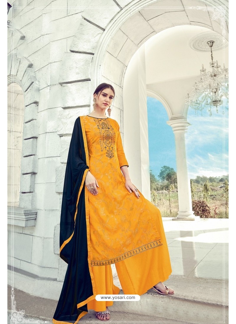 Yellow Pure Banarasi Jacquard Palazzo Suit