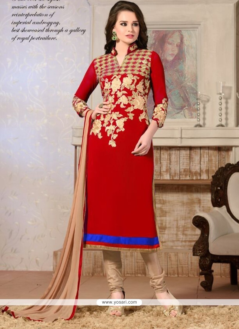 Enchanting Red Lace Work Georgette Churidar Salwar Kameez