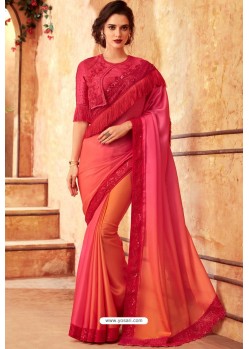 Red And Multi Raibow Silk Designer Saree