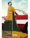 Mustard And Green Party Wear Satin Sharara Suit