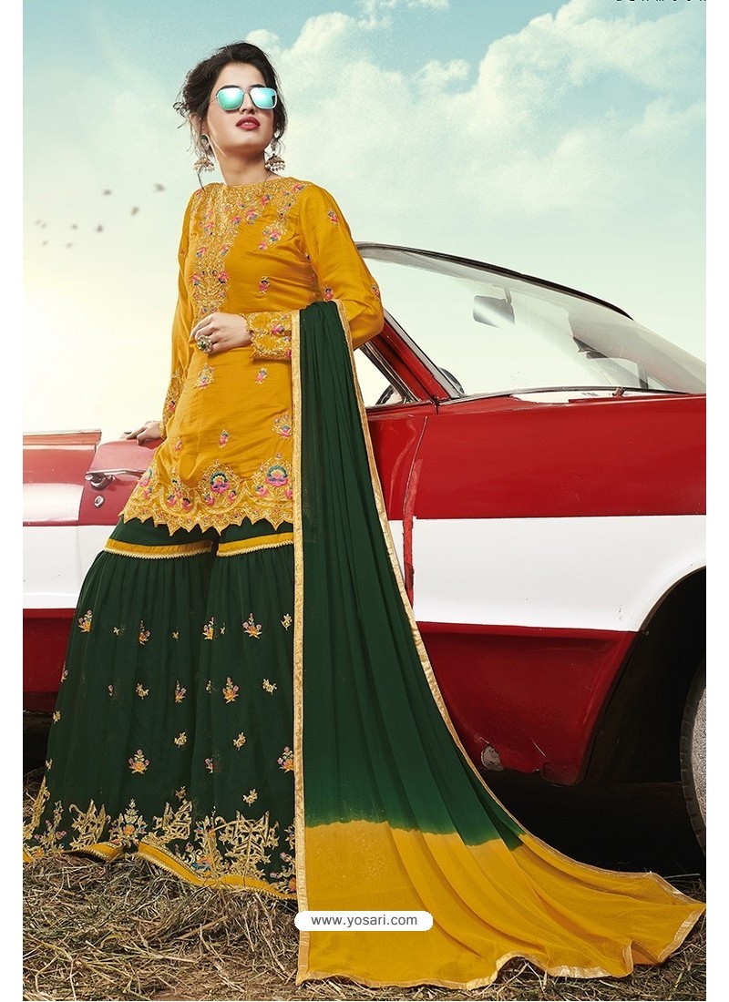 Mustard And Green Party Wear Satin Sharara Suit