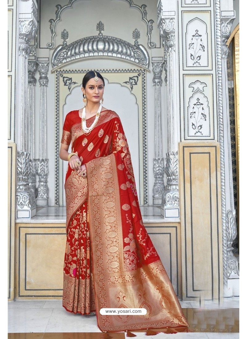 Red Weaving Worked Party Wear Silk Saree