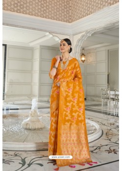 Orange Weaving Worked Party Wear Silk Saree