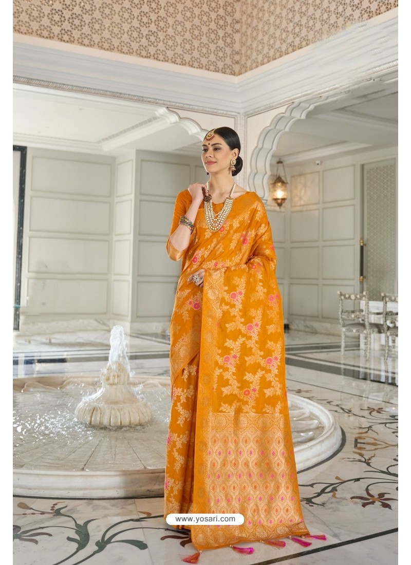 Orange Weaving Worked Party Wear Silk Saree