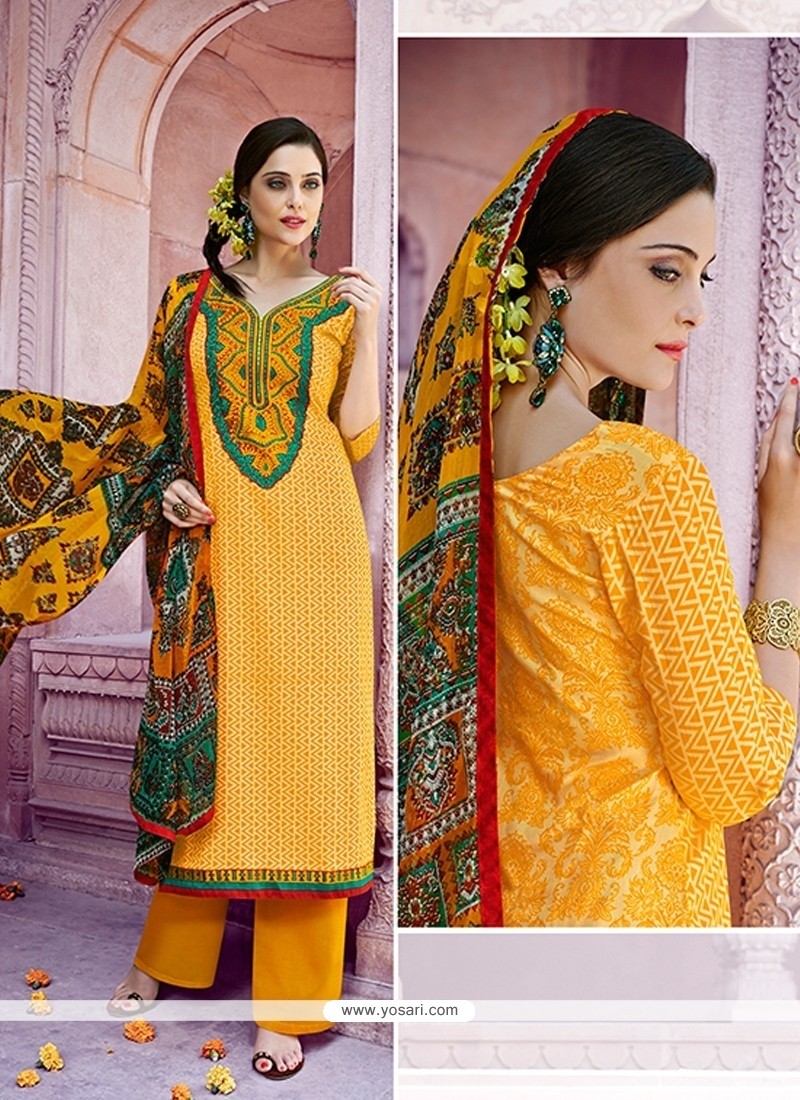 Astonishing Embroidered Work Cotton Yellow Designer Pakistani Suit