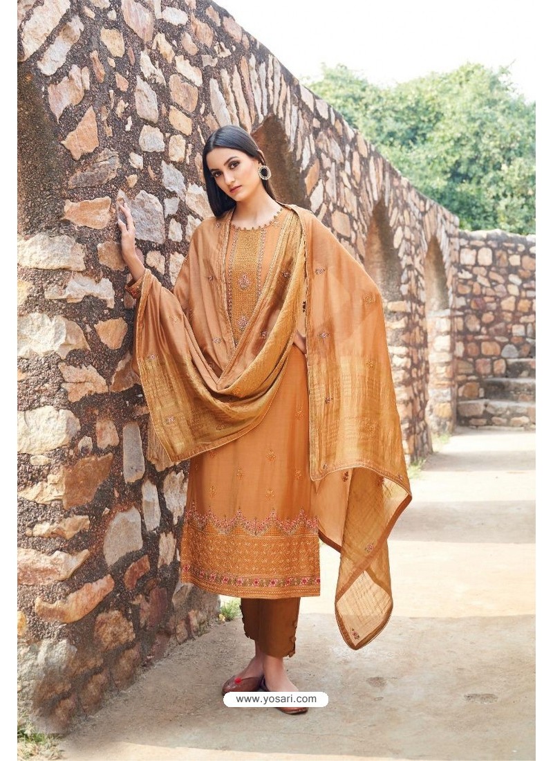 Brown Muslin Embroidered Straight Suit