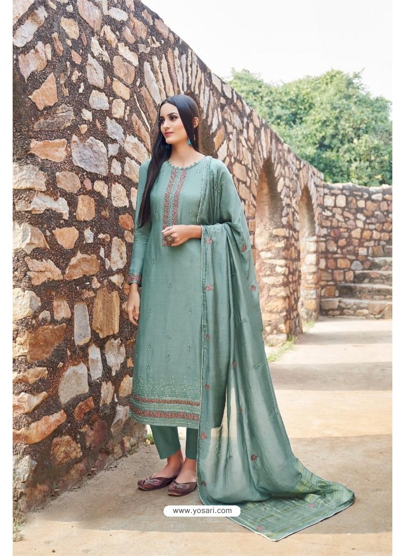 Grayish Green Muslin Embroidered Straight Suit