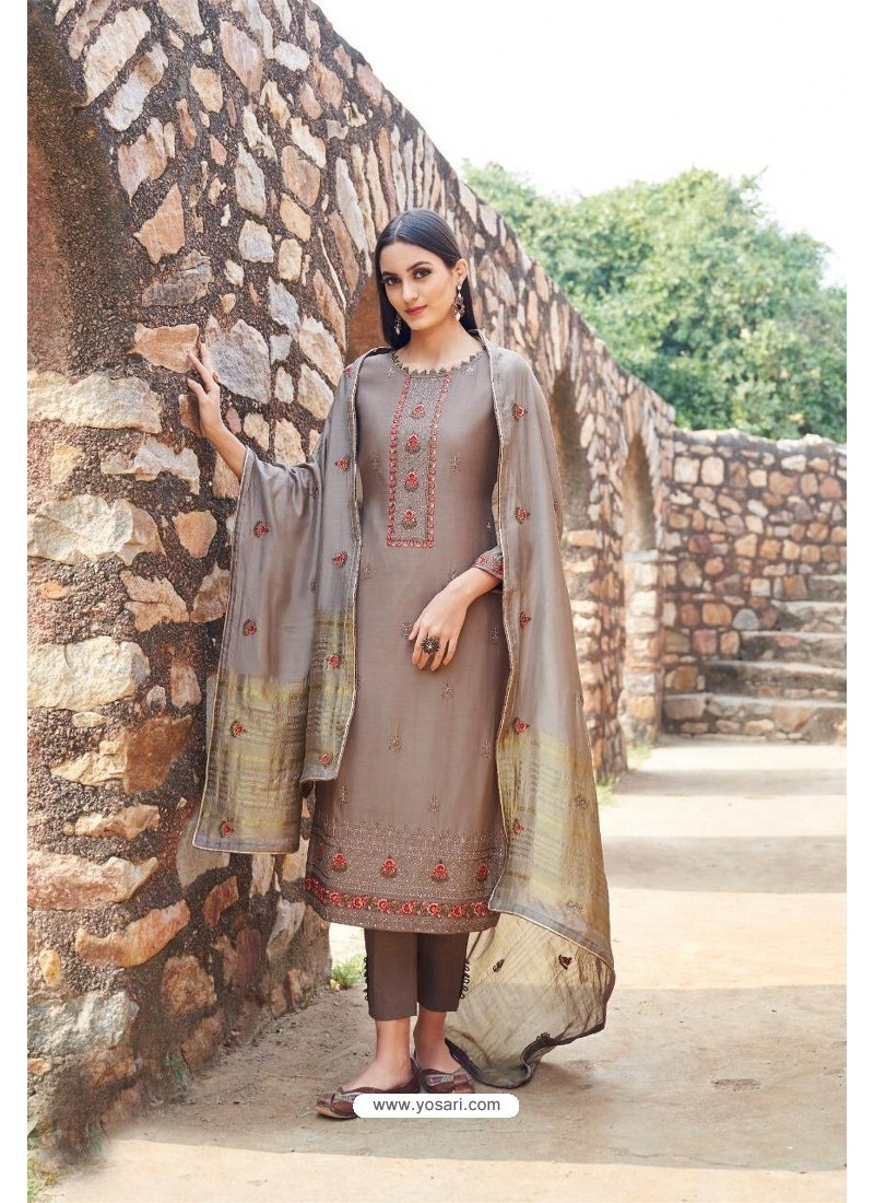 Light Brown Muslin Embroidered Straight Suit