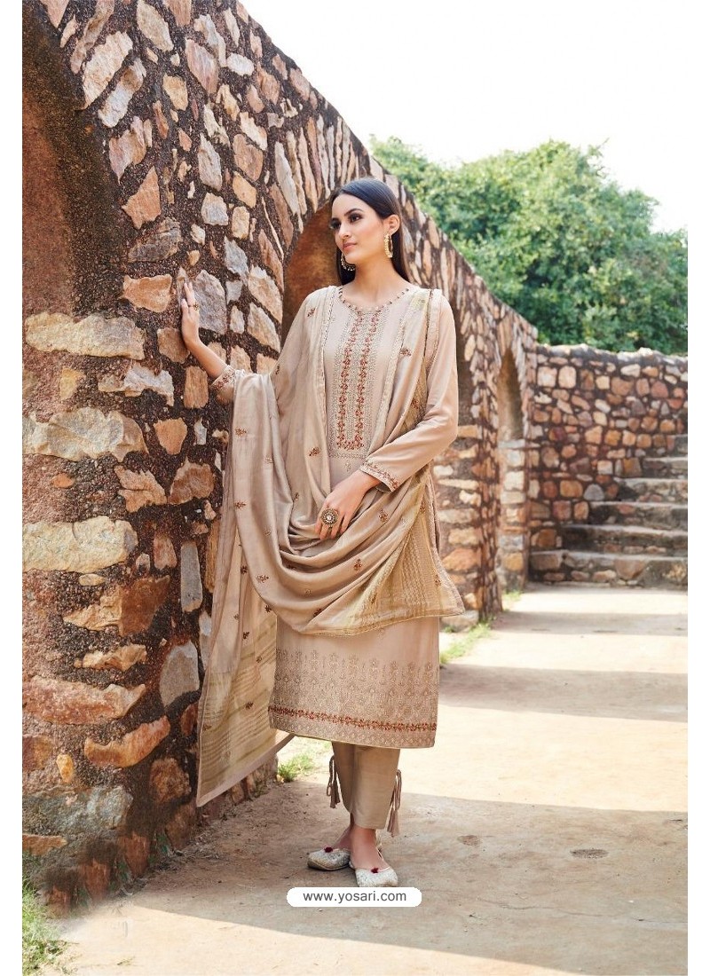 Beige Muslin Embroidered Straight Suit